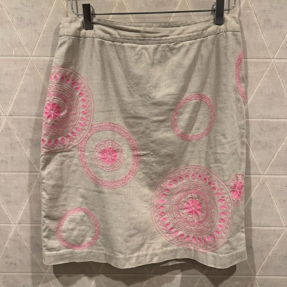 Boden Cream Beige Pink Embroidered Circle Mandala Skirt Cotton Linen Blend